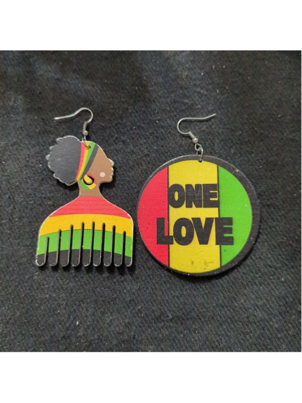 ONE Love Woman Afro African Wooden Yellow Green Red Black Statement Earrings